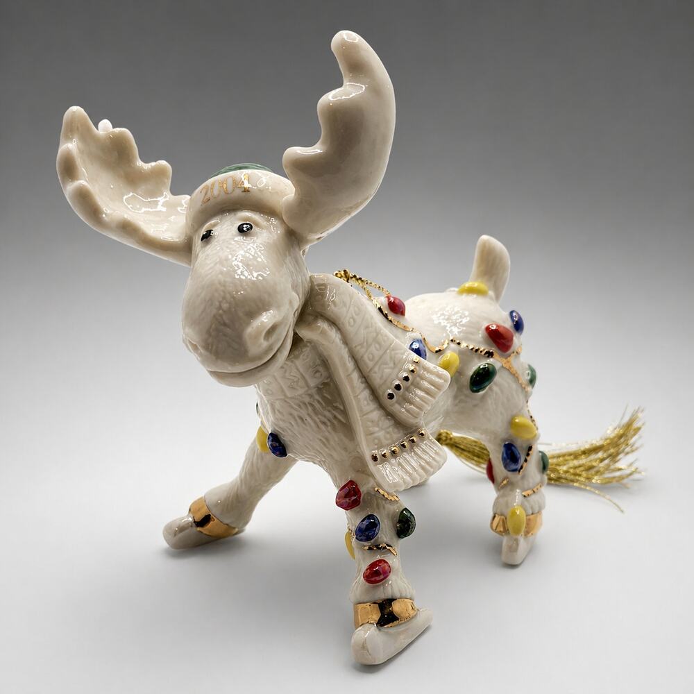 Lenox Merry Mooseskating 2004 Annual Moose Ornament NIB COA Ivory China Gold